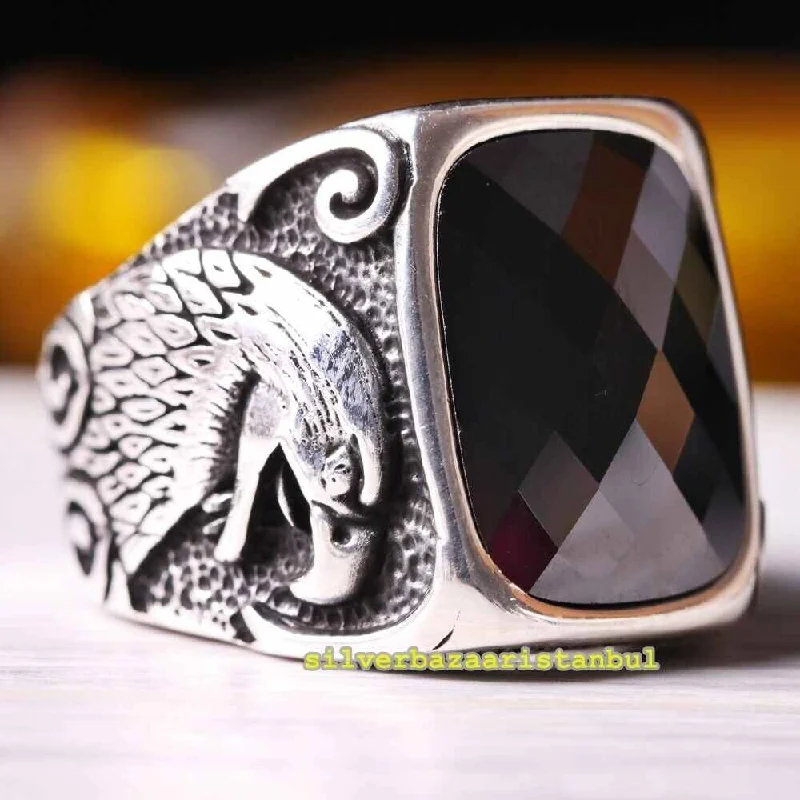 Big Eye Eagle Style Handmade 925 Sterling Silver Onyx Mens Ring