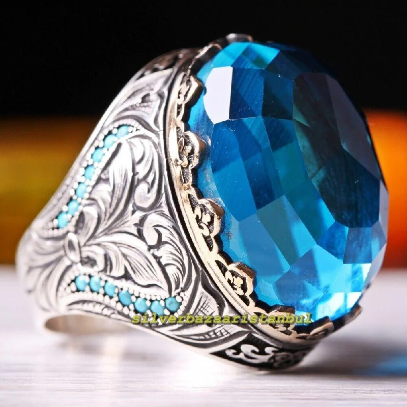 Big Heavy Aquamarine and Turquoise 925 Sterling Silver Mens Ring