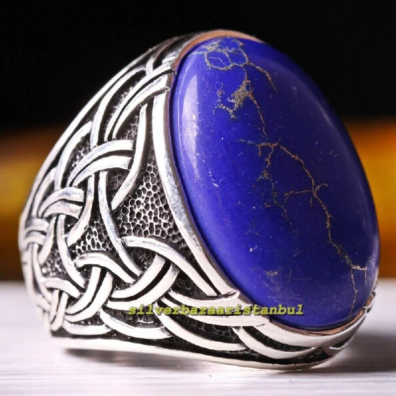 Big Heavy Lapis Stone Luxury 925 Sterling Silver Mens Ring