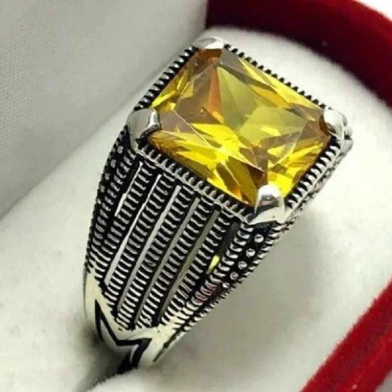 Bright Yellow Citrine Stone 925 Sterling Silver Mens Ring