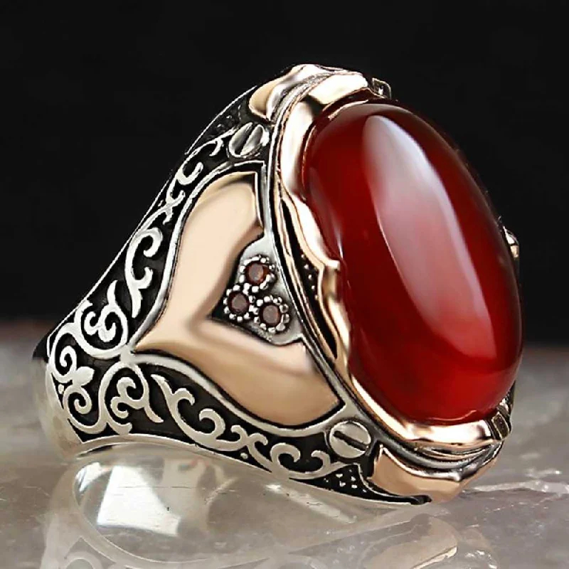 Carnelian Agate Aqeeq 925 Sterling Silver Elegant Mens Ring