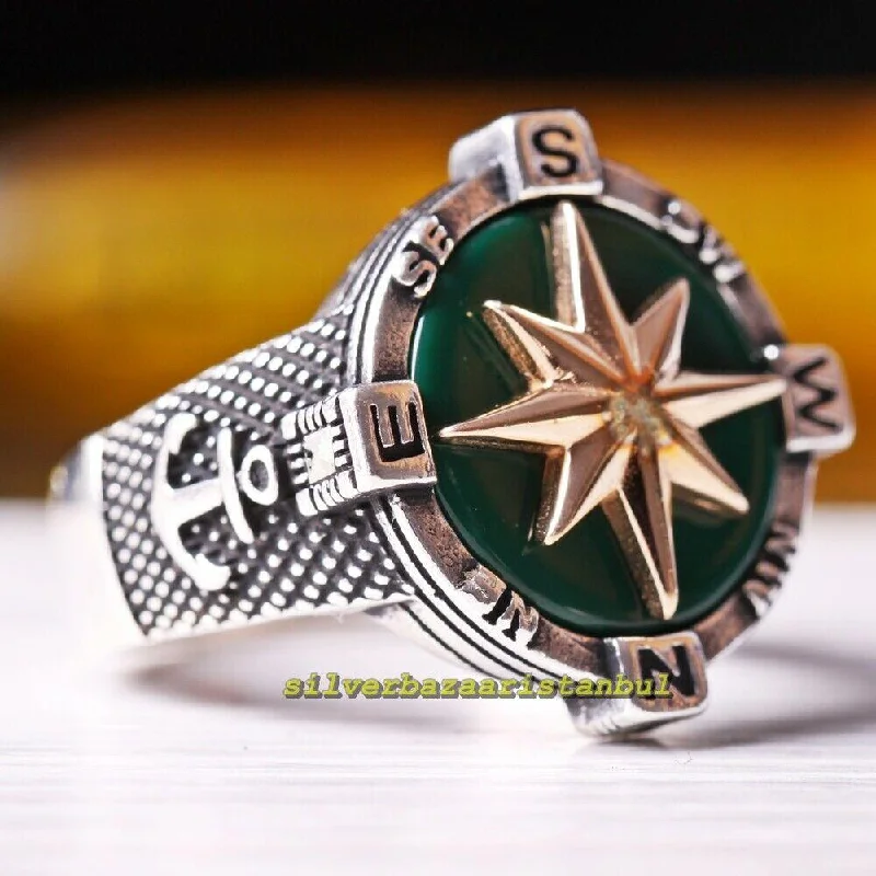 Compass Style Green Agate Stone 925 Sterling Silver Mens Ring