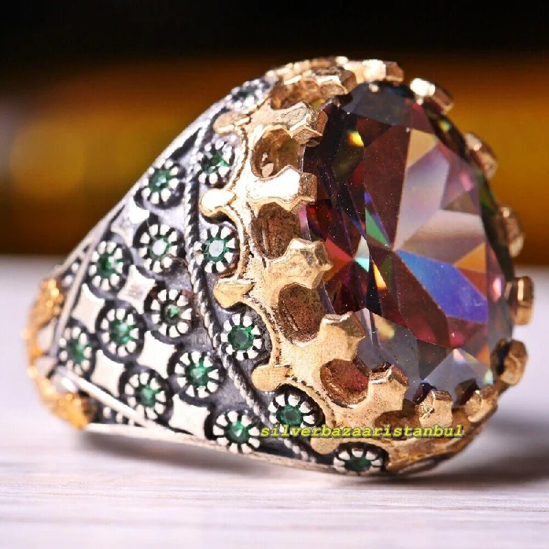 925 Sterling Silver Turkish Tourmaline Rainbow Emerald Mens Ring