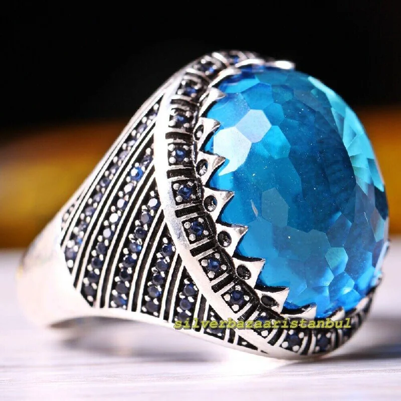 Aquamarine and Sapphire Stone 925 Sterling Silver Mens Ring