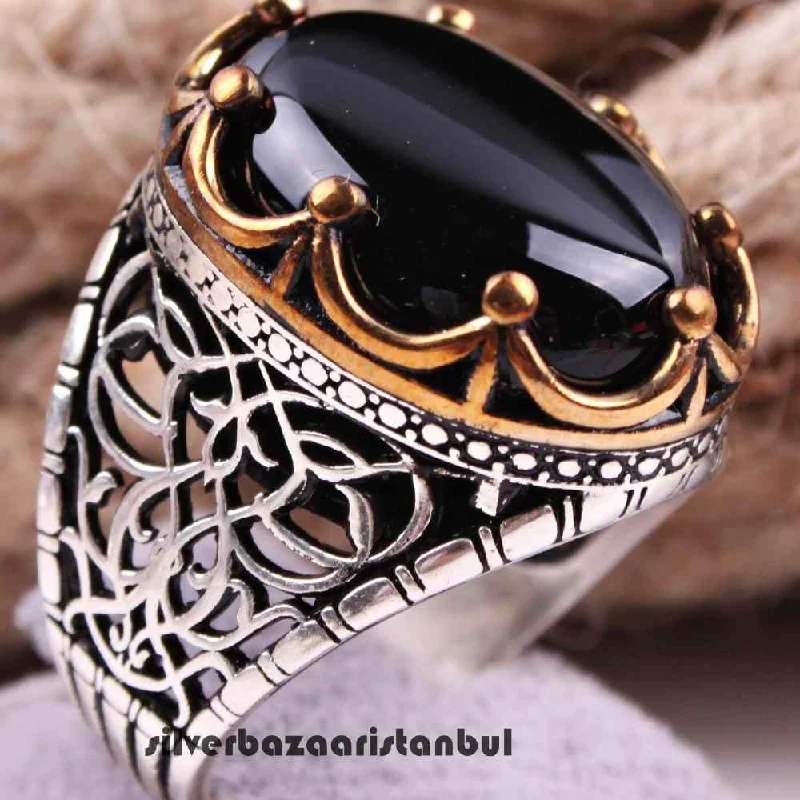 Crown Style 925 Sterling Silver Onyx Stone Ring for Men