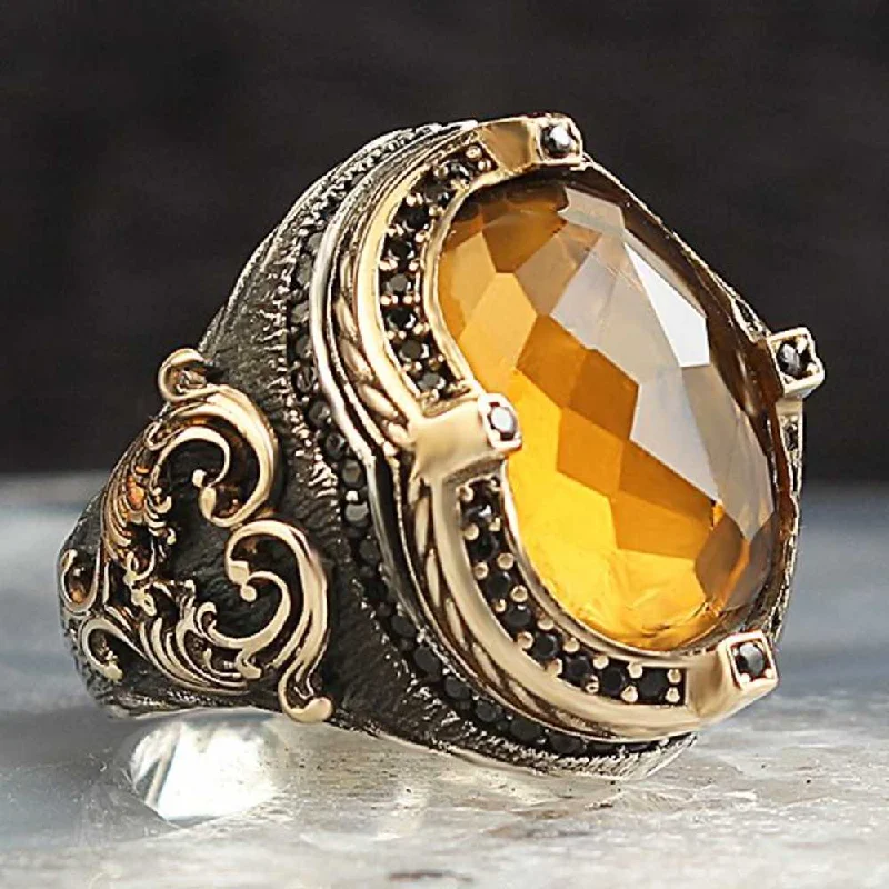 Crystal Citrine Stone 925 Sterling Silver Mens Ring