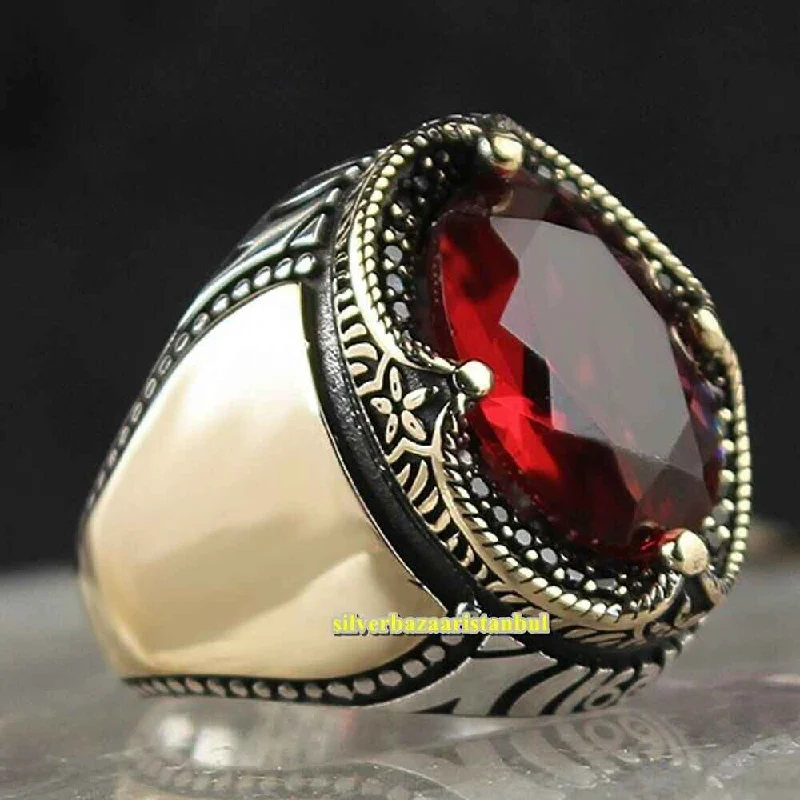 Curved Ruby Handmade 925 Sterling Silver Red Mens Ring