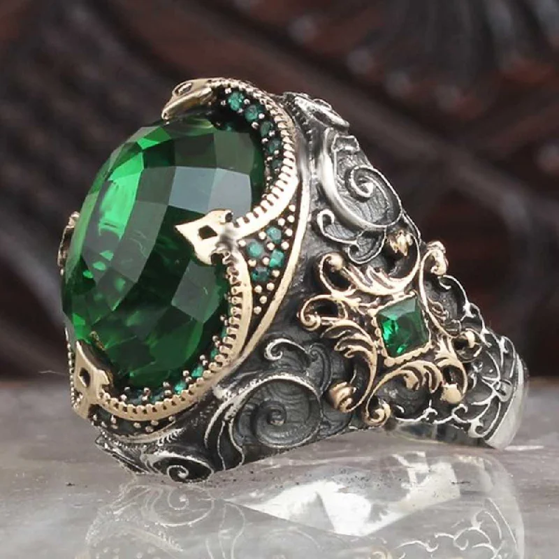 Custom Emerald Stone 925 Sterling Silver Mens Ring