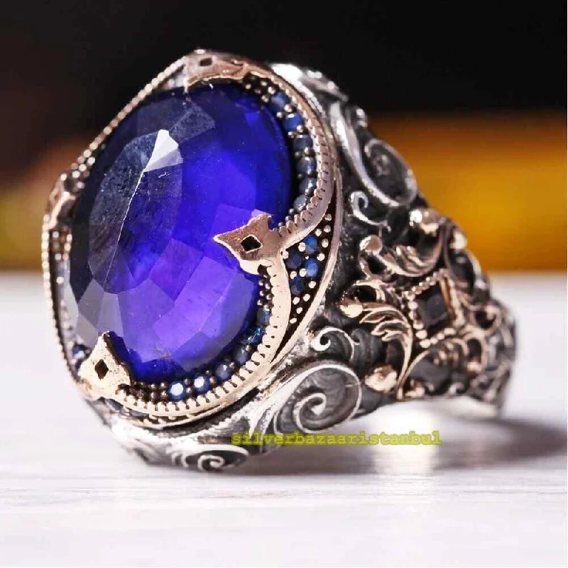 Dome Cut Sapphire 925 Sterling Silver Exclusive Mens Ring