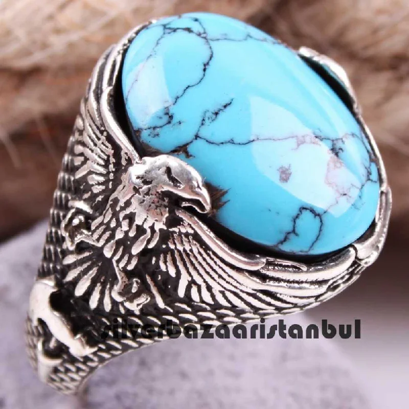 Eagle Style 925 Sterling Silver Turquoise Stone Freedom Mens Ring