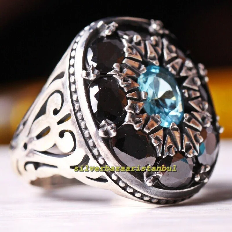 Elegant 925 Sterling Silver Onyx and Aquamarine Stone Mens Ring