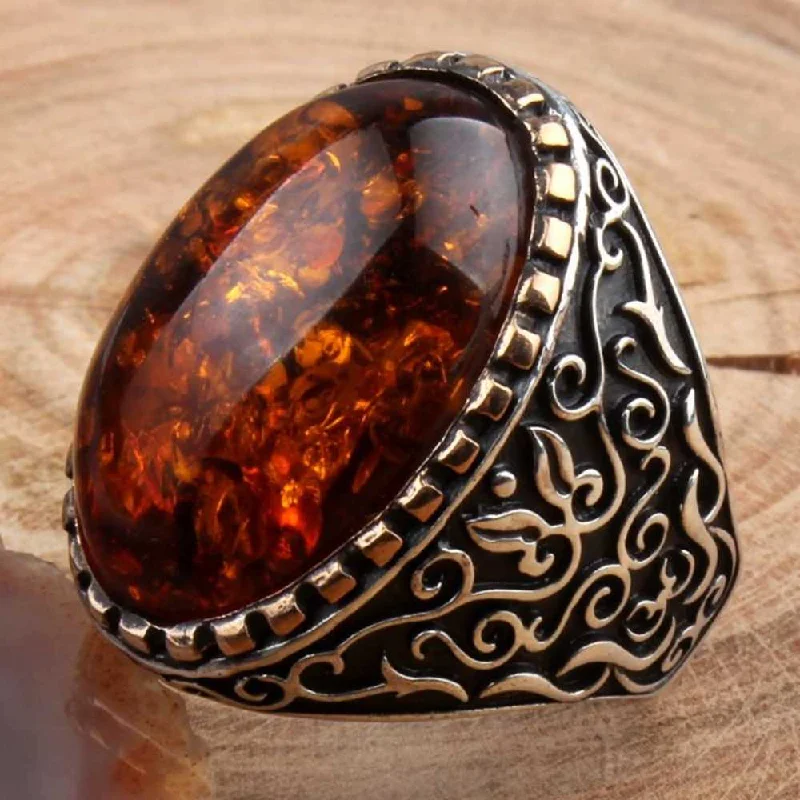 Elegant Orange Amber Stone 925 Sterling Silver Mens Ring