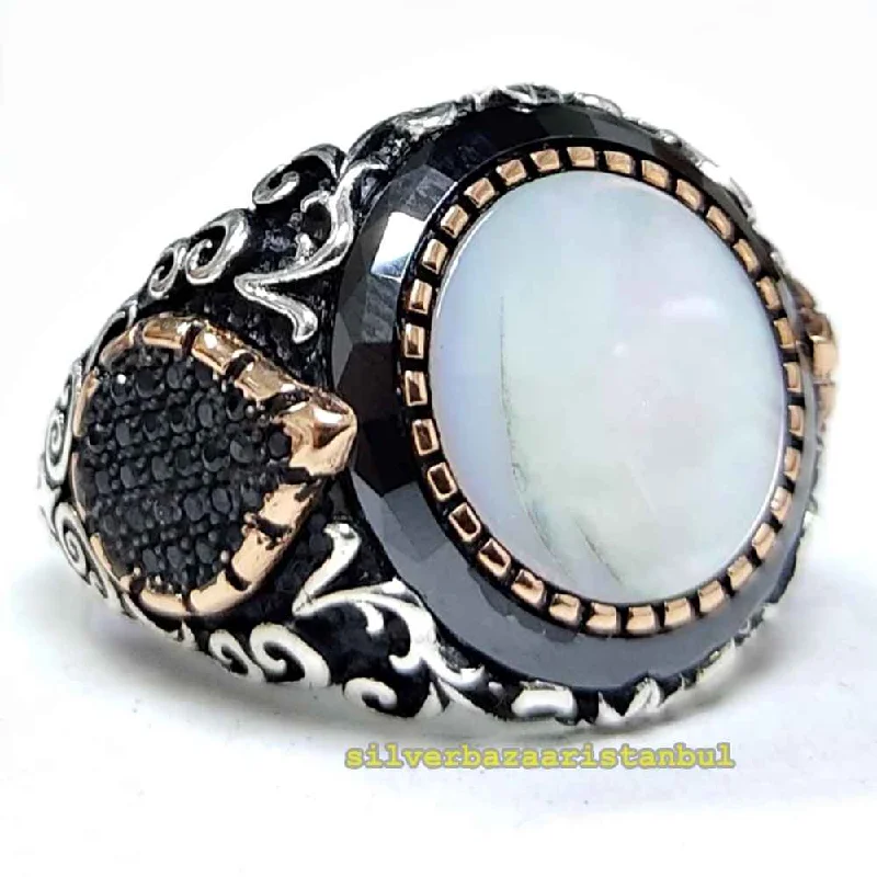 Elite Pearl Stone 925 Sterling Silver Heavy Mens Ring