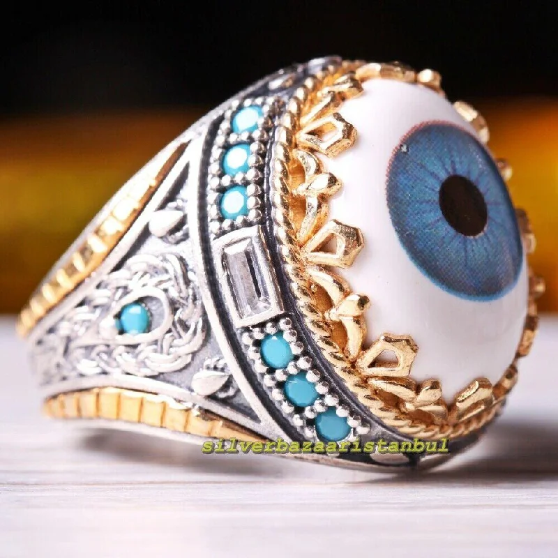 Evil Eye Design Turquoise Stone Luxury 925 Sterling Silver Mens Ring