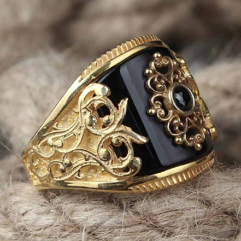 Excellent Gold Plating 925 Sterling Silver Onyx Stone Mens Ring