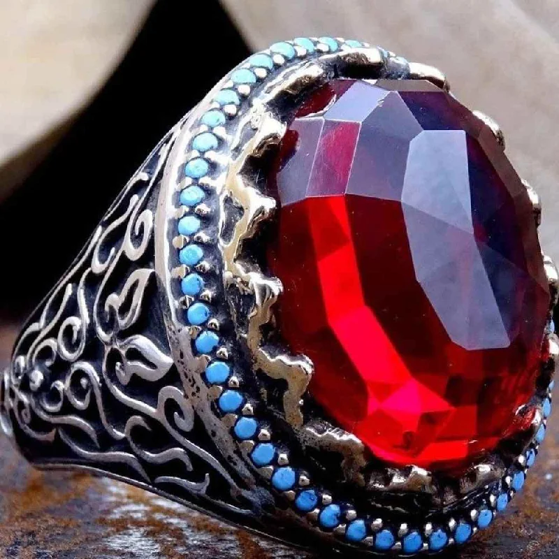 Facet Luxury Cut 925 Sterling Silver Ruby Stone Excellent Mens Ring