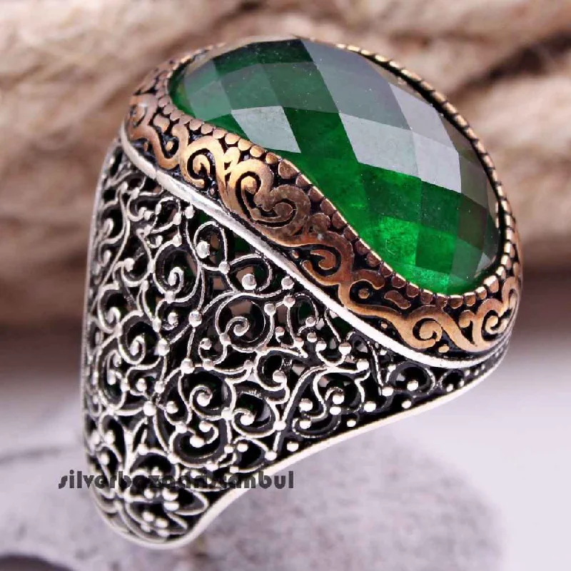 Facet Luxury Emerald  925 Sterling Silver Ottoman Mens Ring