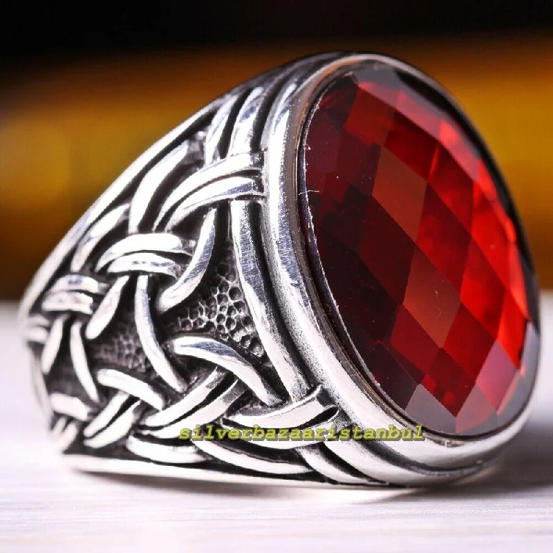 Faceted Red Ruby Stone Handmade 925 Sterling Silver Mens Ring