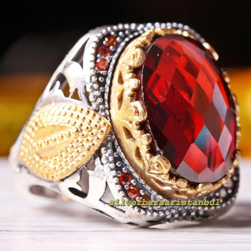 Faceted Small Ruby and Citrine Stones 925 Sterling Silver Mens Ring