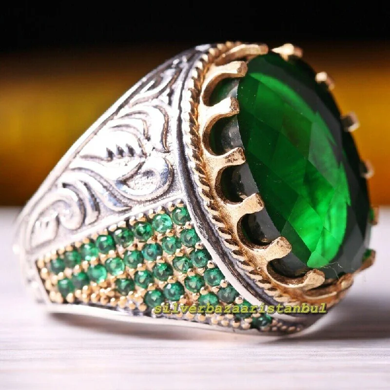 Flashy Green Emerald Handmade 925 Sterling Silver Luxury Mens Ring