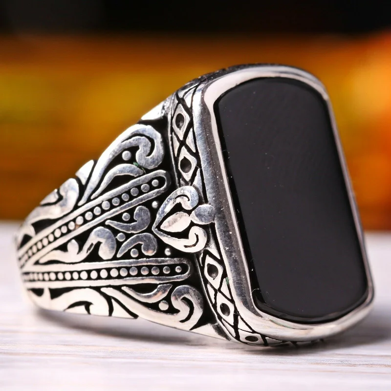 Fresh 925 Sterling Silver Black Onyx Stone Mens Ring