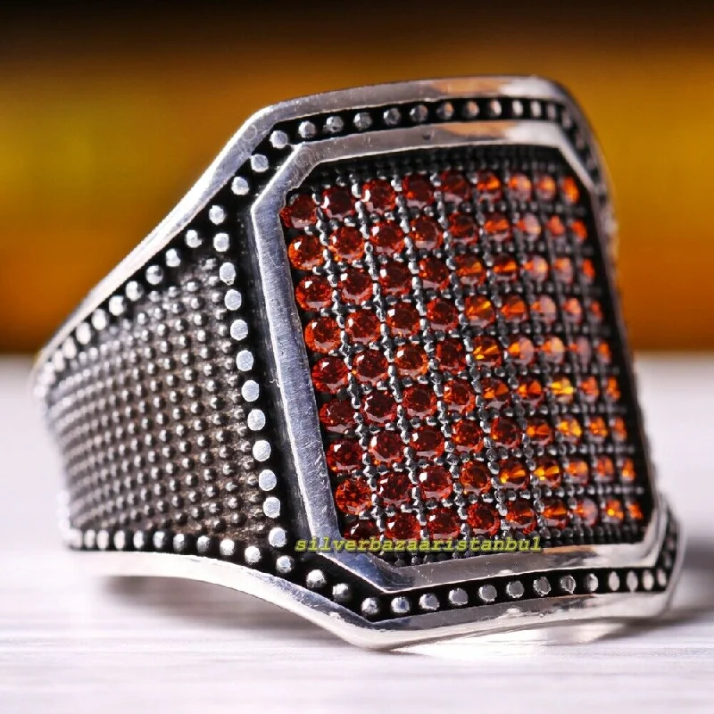 Full Multi Citrine Stone Turkish 925 Sterling Silver Mens Ring