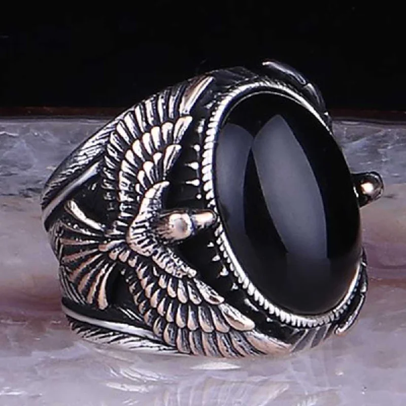 Great Eagle Style Natural Onyx Stone 925 Sterling Silver Mens Ring