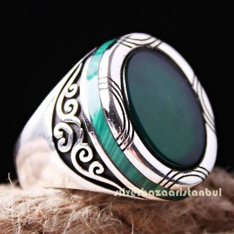 Green Agate Stone Jewelry Handmade 925 Sterling Silver Mens Ring