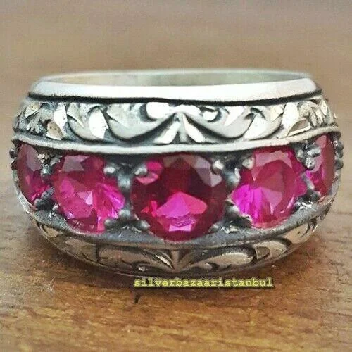 Hand Engraved 925 Sterling Silver Authentic Ruby Stone Mens Ring