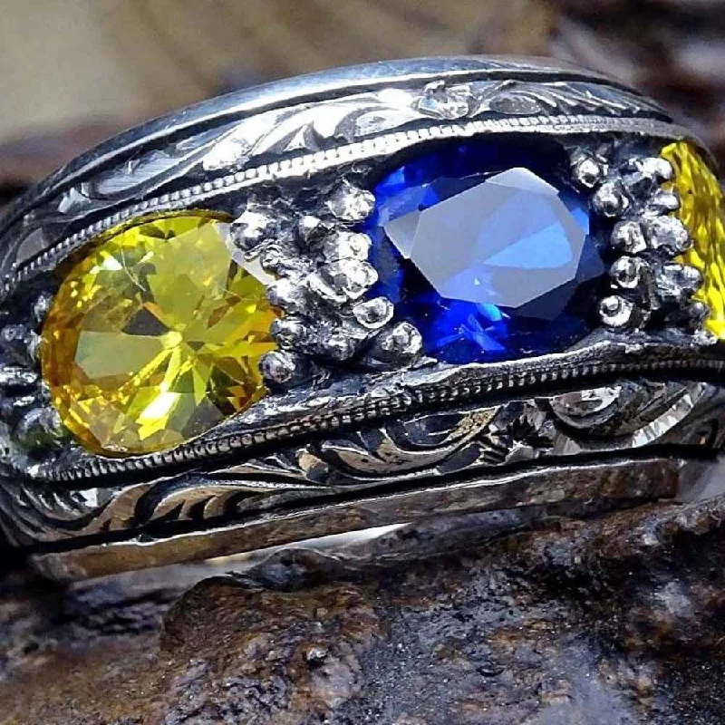 Hand Engraved 925 Sterling Silver Citrine and Sapphire Stone Mens Ring