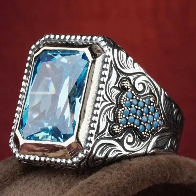 Hand Engraved Natural Aquamarine 925 Sterling Silver Mens Ring