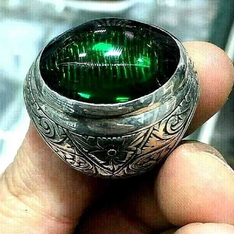 Handmade 925 Sterling Silver Elegant Heavy Emerald Mens Ring