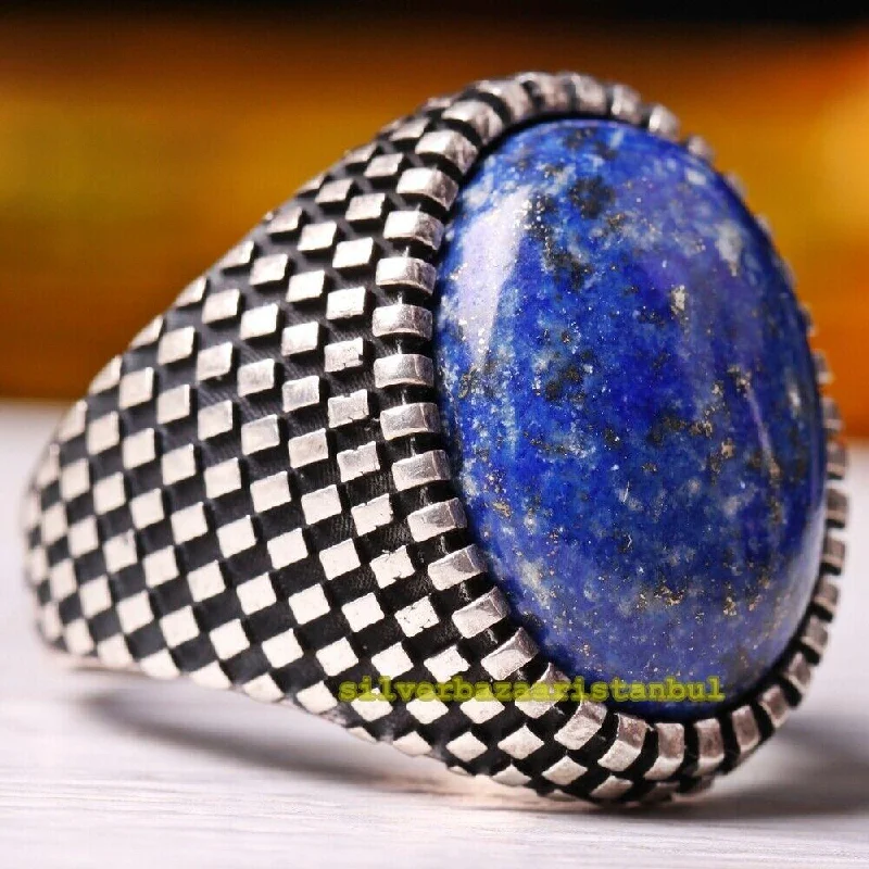 Handmade 925 Sterling Silver Full Natural Lapis Stone Luxury Mens Ring