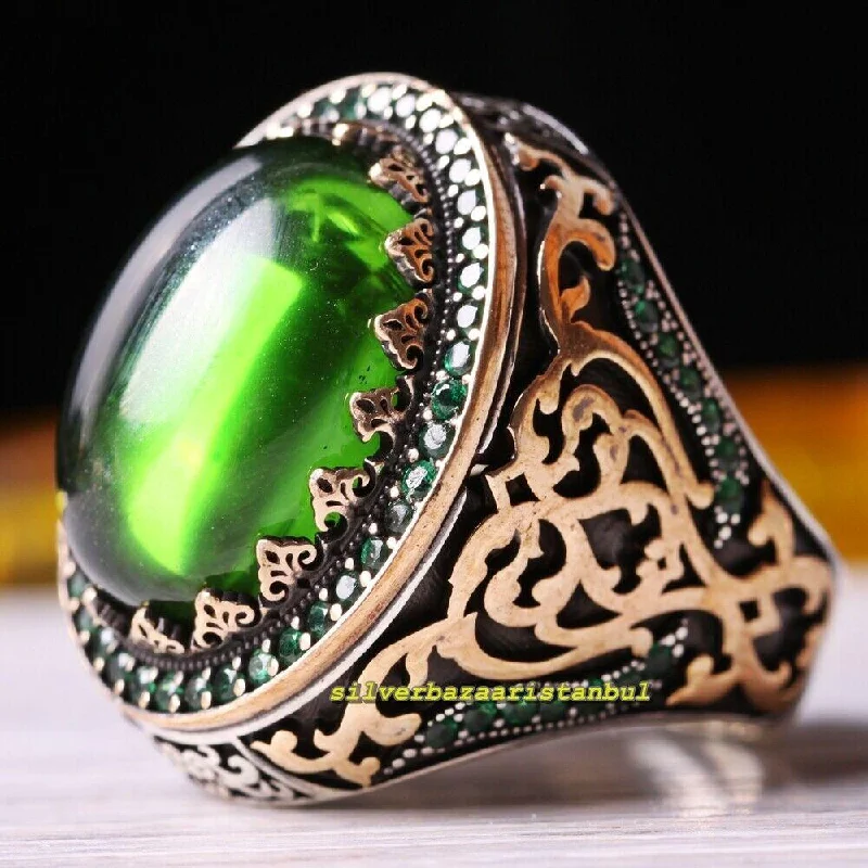 Handmade 925 Sterling Silver Heavy Big Emerald Stone Mens Ring