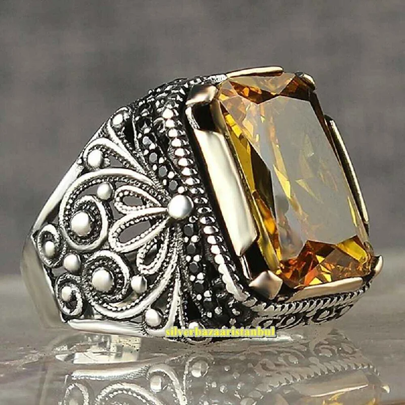 Handmade 925 Sterling Silver Luxury Citrine Vintage Mens Ring