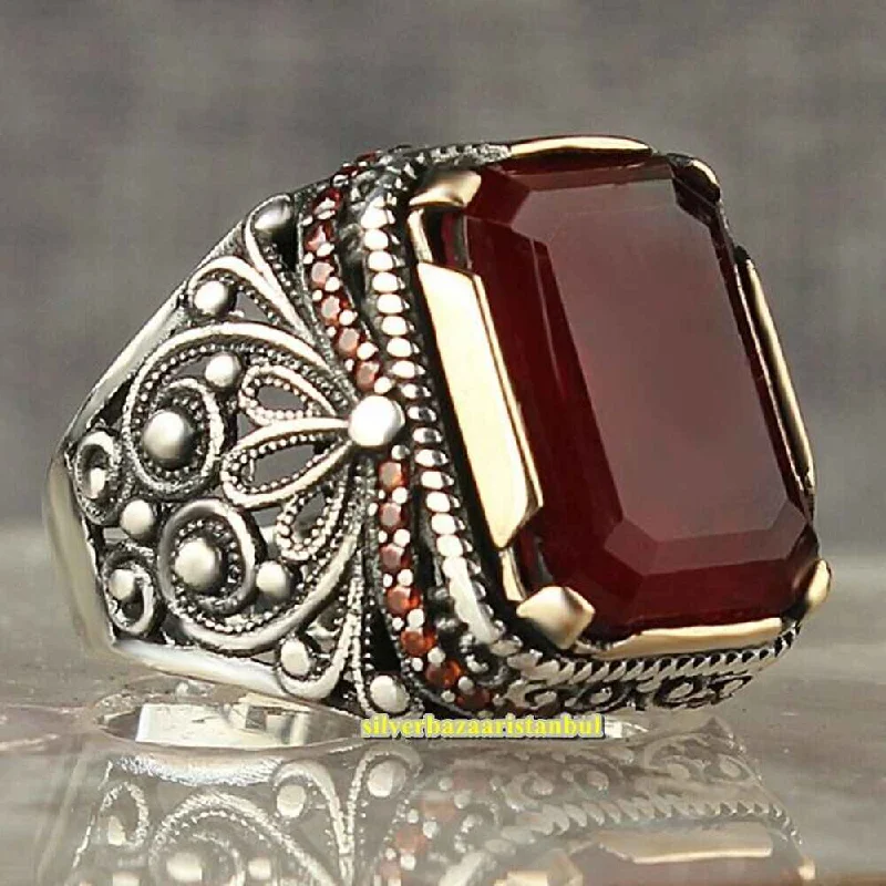 Handmade 925 Sterling Silver Natural Red Agate Fit Mens Ring