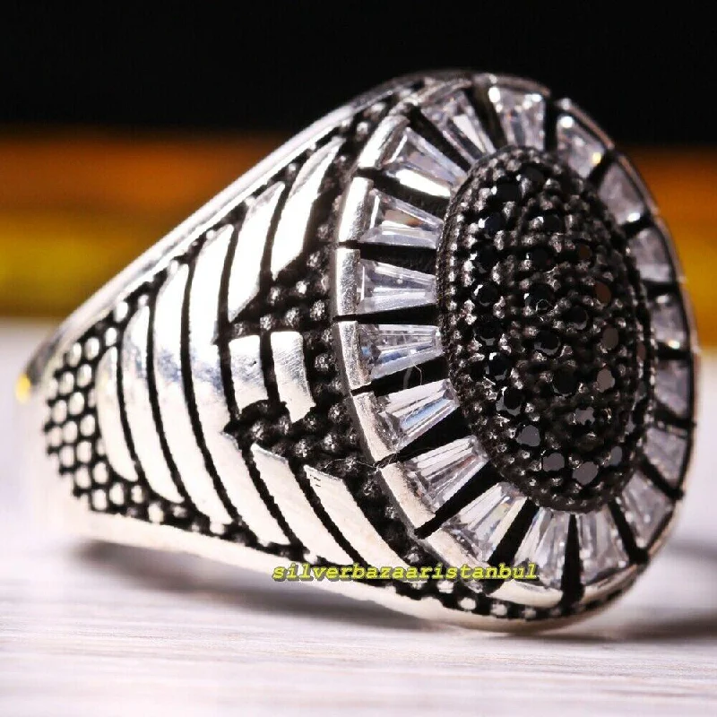 Handmade 925 Sterling Silver Onyx and Zircon Stone Eagle Mens Ring