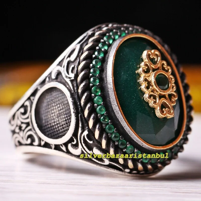 Handmade 925 Sterling Silver Oval Green Emerald Stone Mens Ring