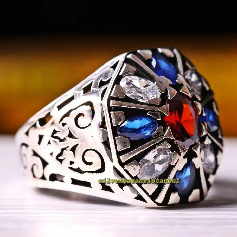 Handmade 925 Sterling Silver Round Multi Stone Mens Ring