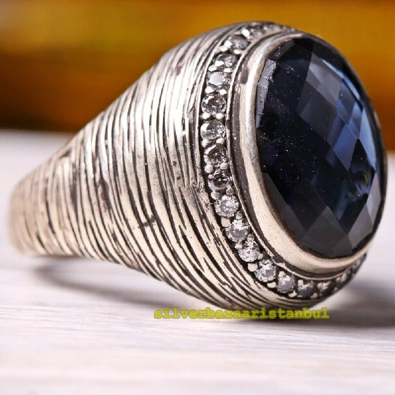 Handmade 925 Sterling Silver Sapphire and Zircon Stone Mens Ring