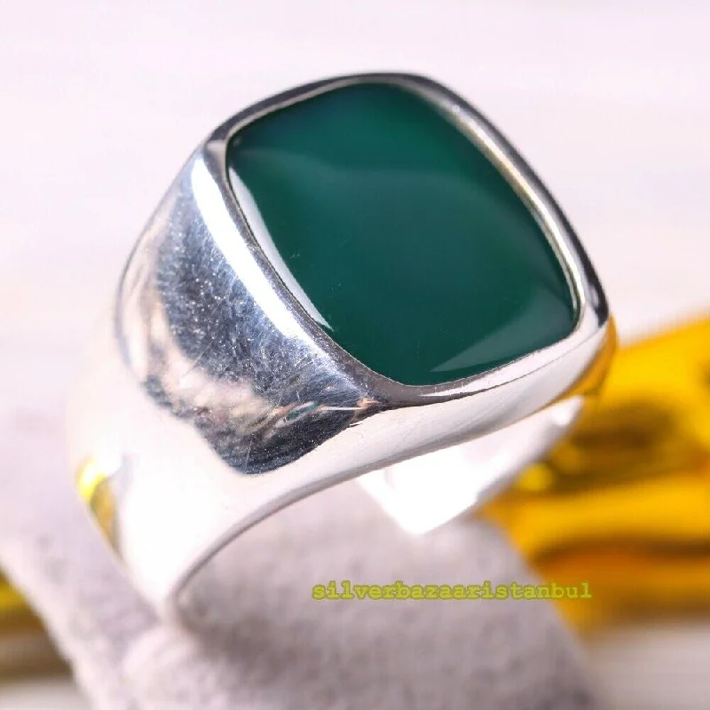 Handmade 925 Sterling Silver Simple Green Emerald Mens Ring