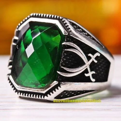 Handmade 925 Sterling Silver Sword Emerald Stone Green Mens Ring