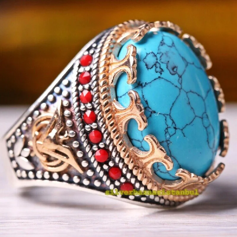 Handmade 925 Sterling Silver Turquoise and Ruby Stone Mens Ring