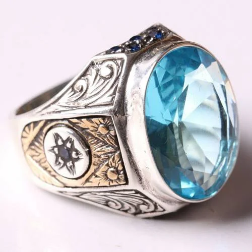 Handmade 925 Sterling Silver with Aquamarine Stone Mens Ring