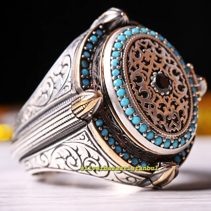 Handmade Islamic Mosque 925 Sterling Silver Turquoise Stone Mens Ring