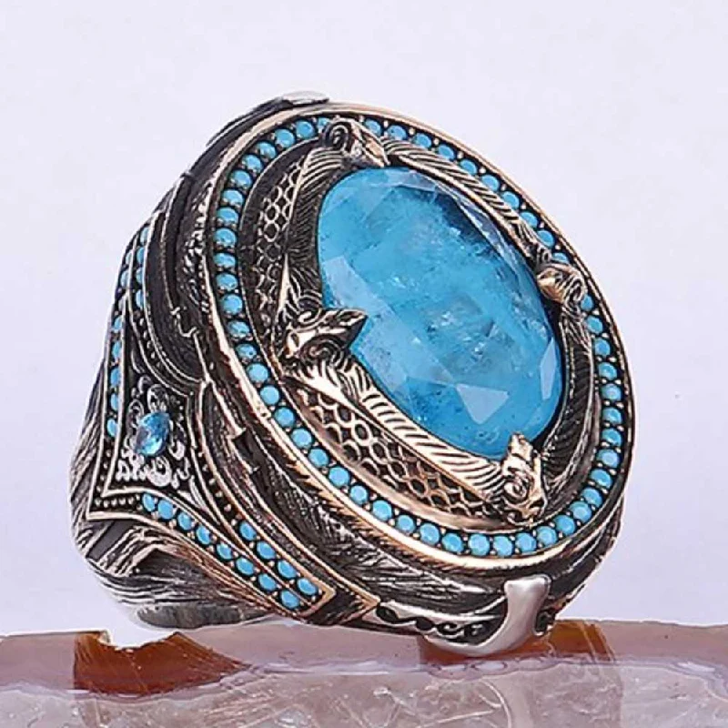 Heavy and Elegant 925 Sterling Silver Natural Aquamarine Stone Mens Ring