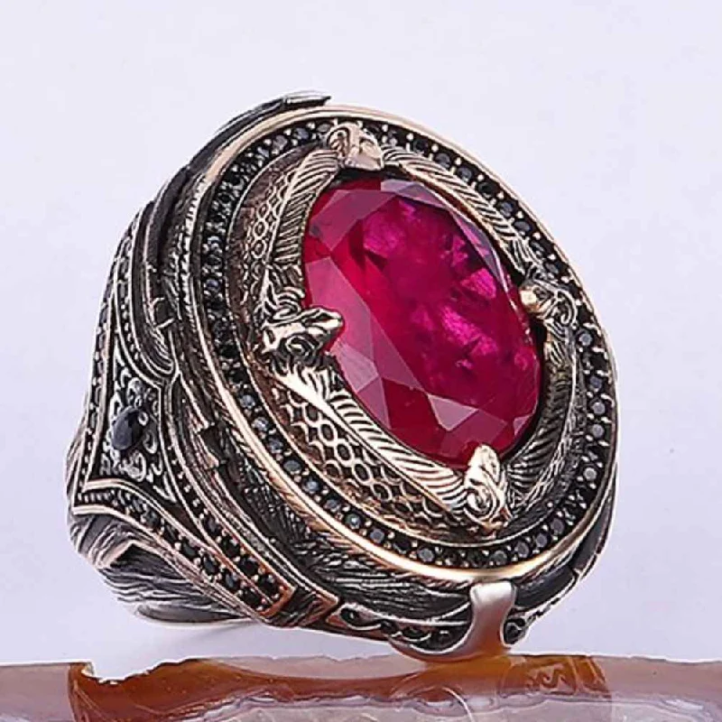 Heavy and Elegant 925 Sterling Silver Natural Ruby Stone Mens Ring