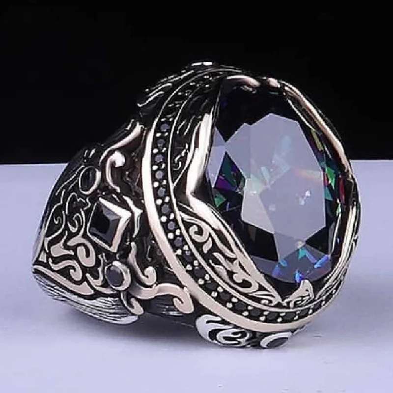 Heavy New Style Mystic Topaz Stone 925 Sterling Silver Mens Ring