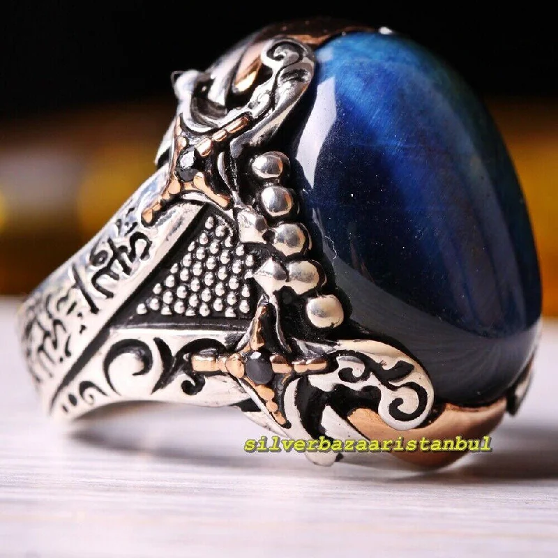 Islamic 925 Sterling Silver Natural Blue Tigers Eye Stone Mens Ring