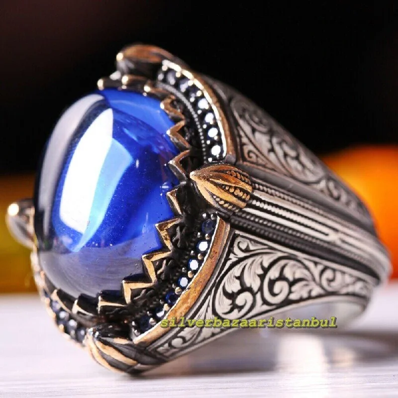 Islamic Mosque Blue Sapphire Stone Heavy 925 Sterling Silver Mens Ring